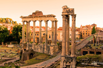 View over the ruins of the Roman Forum at sunset