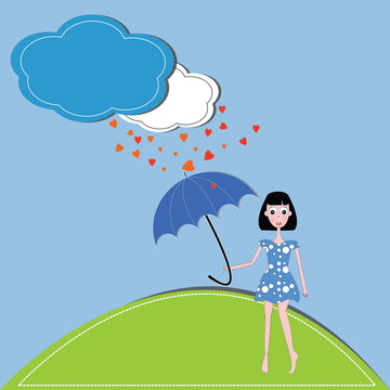 vector illustration girl,hearts and umbrella against a blue sky