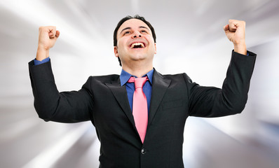 Happy businessman with open hand