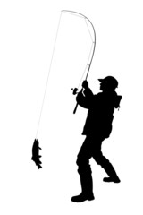 fisherman catching a fish - obrazy, fototapety, plakaty