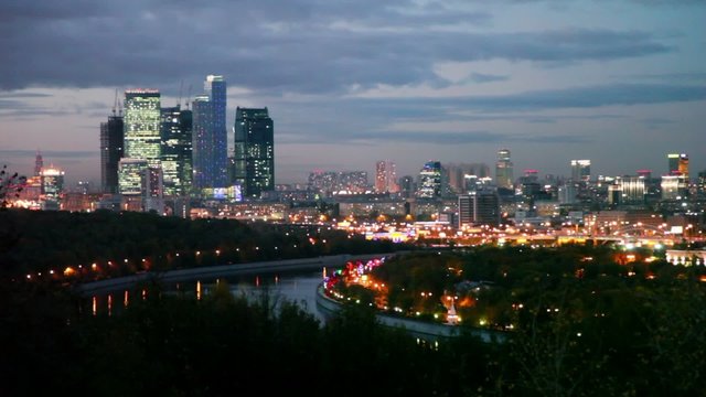 evening panorama of Moscow City skyscrapers complex