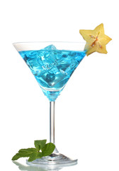 Blue cocktail in martini glasses with ice isolated on white