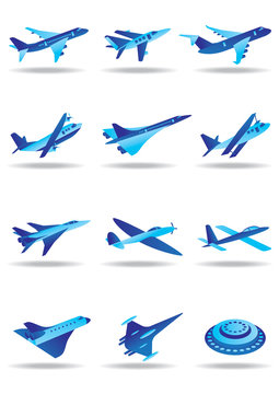 Different airplanes in flight icons set