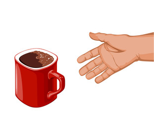 hand goes to the red cup of coffee to take her