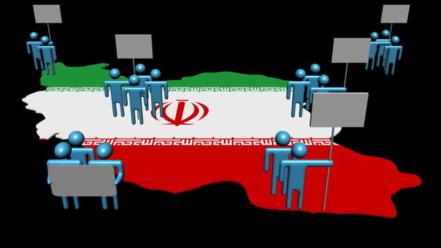 Increasing crowd demonstrating on Iran map flag animation