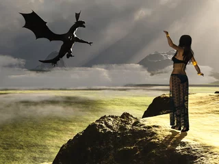 Fotobehang Draken Fantasie vrouwelijke oproepende draak
