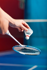 Badminton sport in gym - hand with shuttlecock - obrazy, fototapety, plakaty