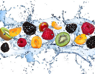 Fototapeta Fresh fruits in water splash, isolated on white background obraz