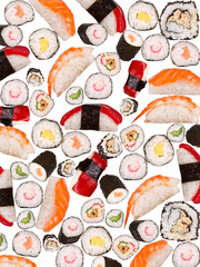 Many sushi pieces isolated on white background