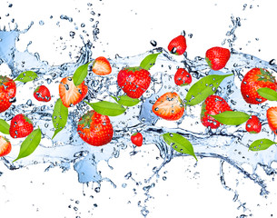 Fresh strawberries in water splash,isolated on white background