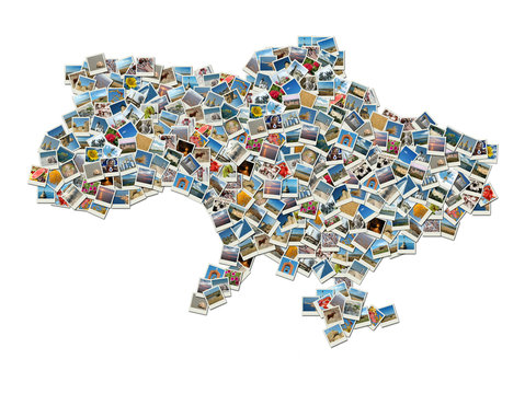 Map of Ukraine- collage made of travel photos with ukrainian lan