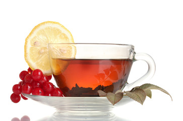 Black tea  with red viburnum and lemon in glass cup isolated