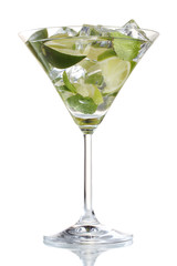 glass of cocktail with lime and mint isolated on white