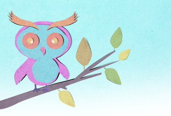 owl bird on tree paper craft stick background .