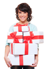 happy woman holding gift boxes