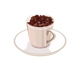 cup with coffee beans on a saucer on a white background