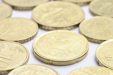 Euros cent coins with focus on twenty cent