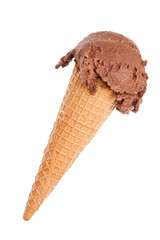 diagonal chocolate ice cream cone on white