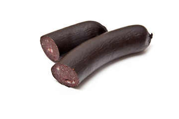 Black pudding sausage on a white studio background.
