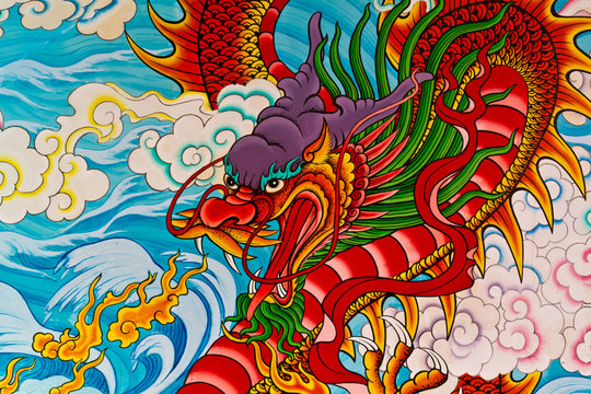 Red fire dragon painting in Chinese temple