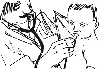 Sketch of doctor and baby. Vector illustration