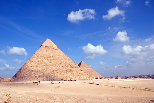 Egypt. Giza. View of the Hefren and Cheops pyramids