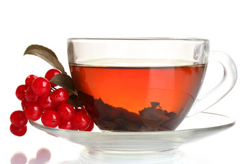 Black tea  with red viburnum in glass cup isolated on white