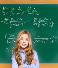 kid smart student girl with difficult math formula