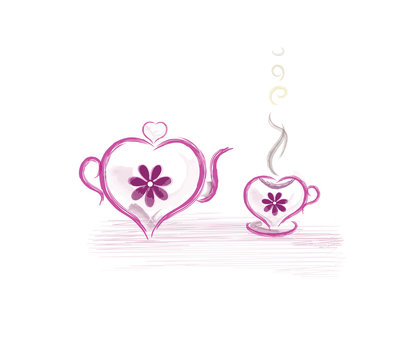 Teapot and cup with hot tea on a white background