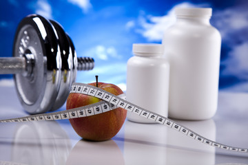 Fitness, dumbell and blue sky