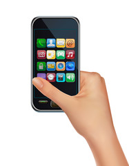 A hand holding touchscreen mobile phone.