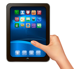 Hand holding digital tablet computer with icons.