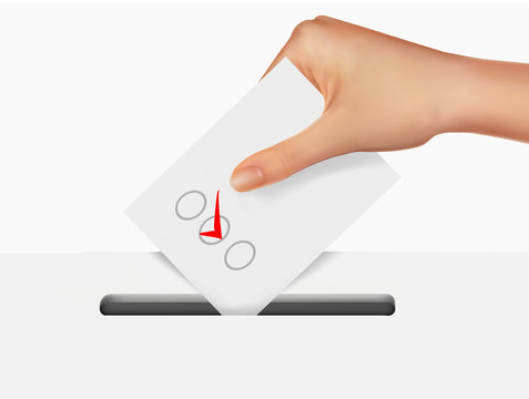 Hand putting a voting ballot in a slot of box. Vector.