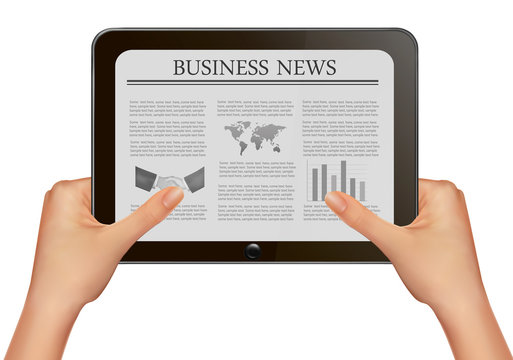 Hands holding digital tablet pc with business news.