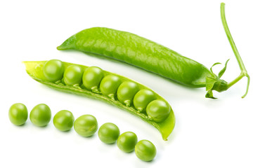 Fresh green pea pod over white background