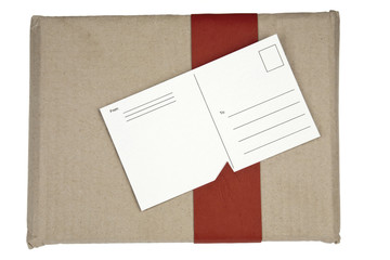 wrapped box and postcard