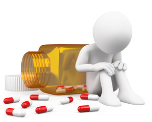 3D depressed man taking pills
