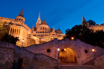 Night scene of the Fisherman's Bastion in Budapest