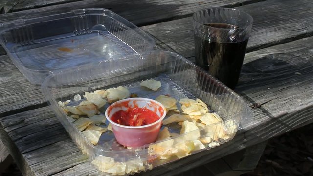 Eating Chips On Picnic Table Taking Drink