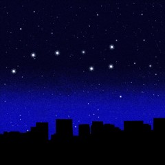 Black night sky plenty of stars with Great Bear over a  city