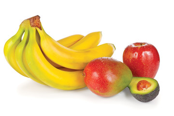 Fresh apple, avocado, mango and bunch of bananas