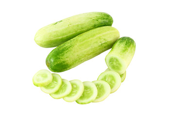 Cucumber whole and curve of sliced on white background.