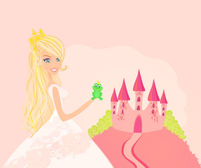 Belle jeune princesse tenant une grosse grenouille verte