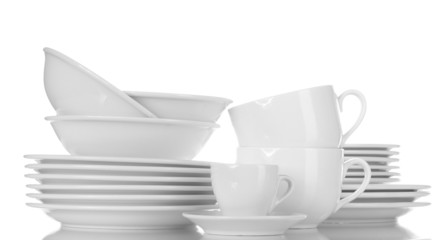 empty bowls, plates and cups isolated on white