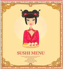 beautiful Asian girl enjoy sushi - menu template