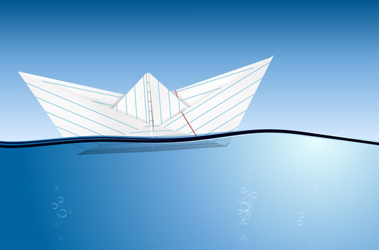 Origami paper boat on water level - vector file
