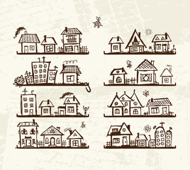 Sketch of cute houses on shelves for your design