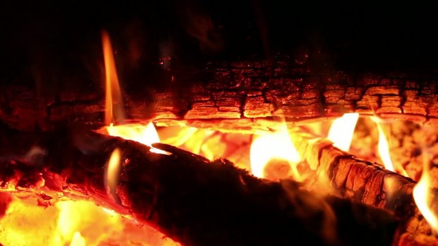 Wood burning in fire place close up