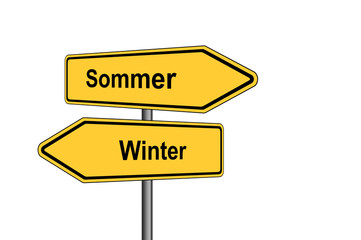 Fototapeta premium Umleitungsschild Sommer Winter vor weiß