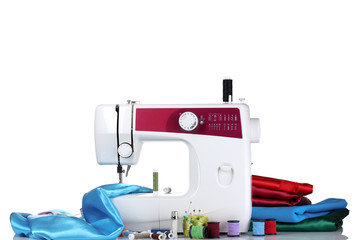 sewing machine and fabric isolated on white